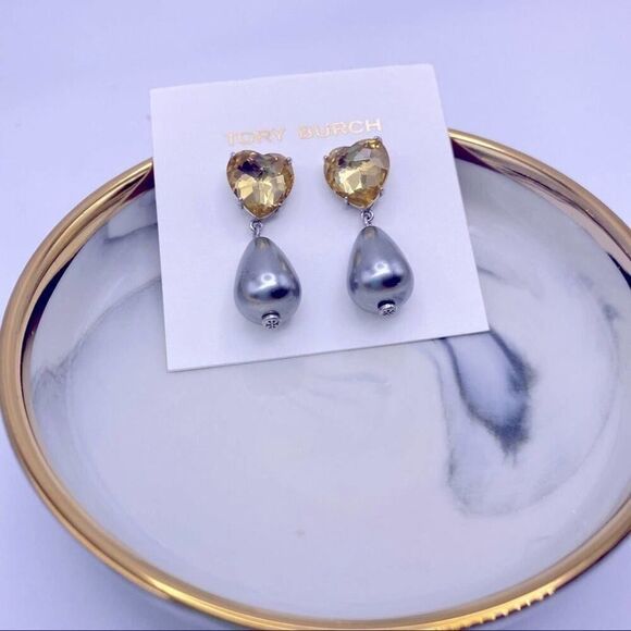 NWOT Tory Burch Silver Citrine Crystal Gray Pearl Dangle Stud Earrings - Picture 8 of 10